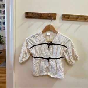 Zara Cream Textured Blouse with Black Tie